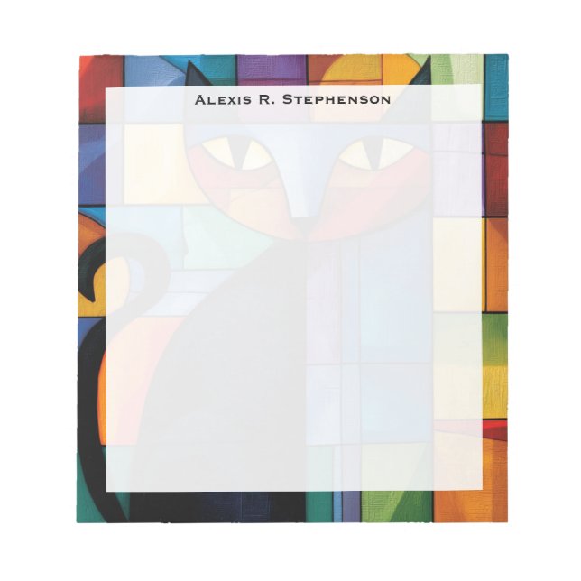 Monogram Geometric Black Cat Stained Glass Grid Notepad (Front)