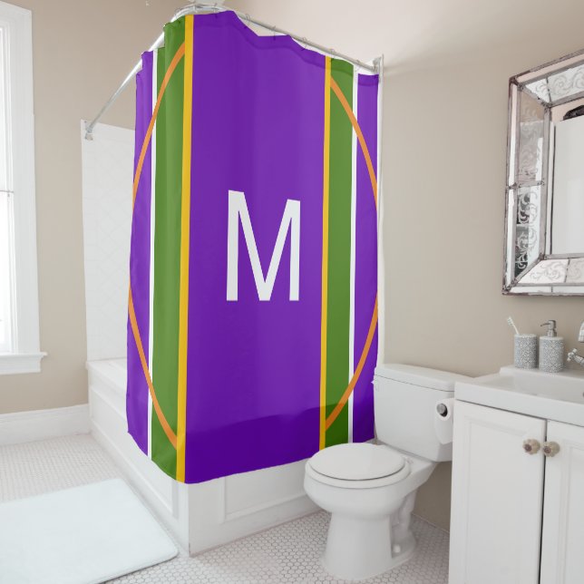 Monogram Geometric Bright Purple Yellow  Shower Curtain (In Situ)