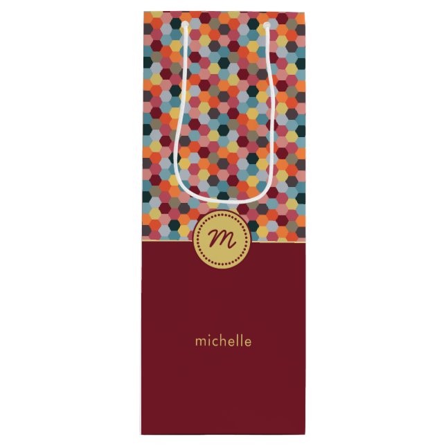 Monogram Geometric Burgundy Hexagon Wine Gift Bag (Front)