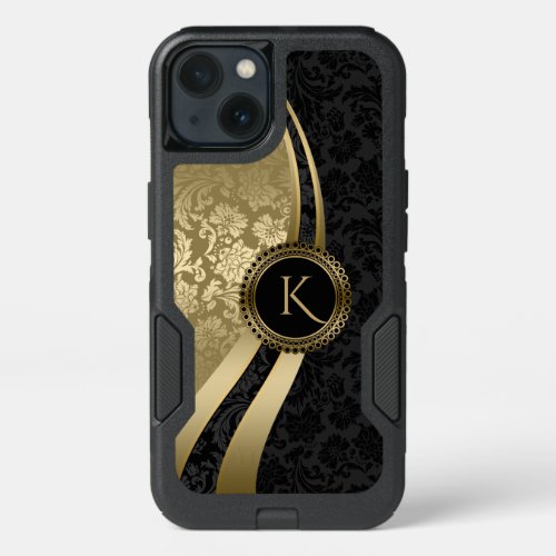 Monogram Geometric Design Black  Gold Damasks iPhone 13 Case