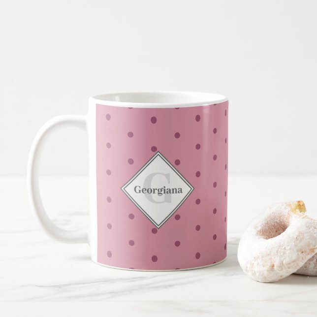 Monogram Geometric Dusky Rose Red Polka Dots Coffee Mug (With Donut)