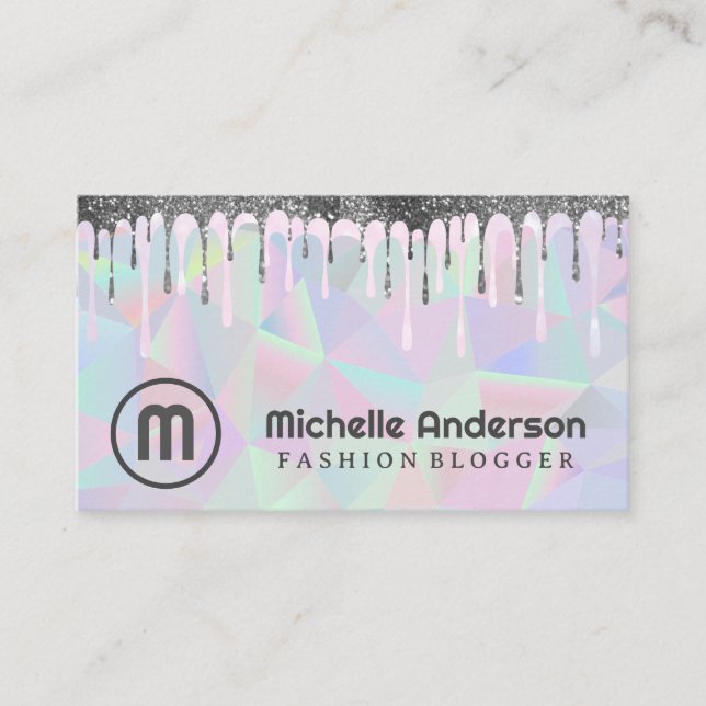 Monogram | Geometric Holographic | Glitter Drip Business Card (Front)