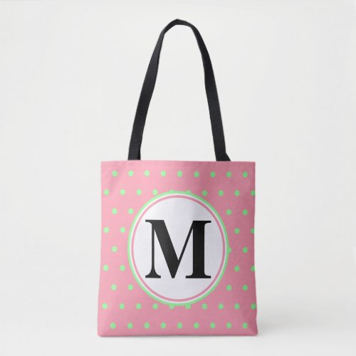 Monogram Geometric Pink Green Polka Dots Tote Bag