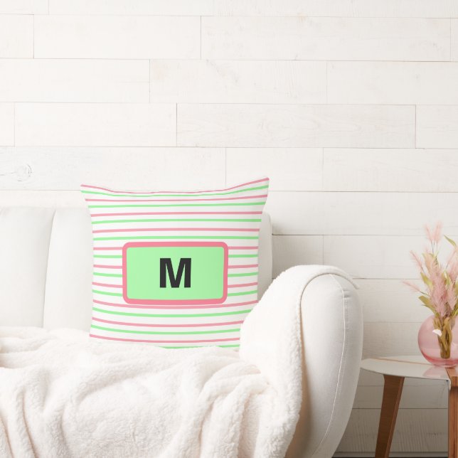 Monogram Geometric Stripes Pink Green White Throw Pillow (Couch)