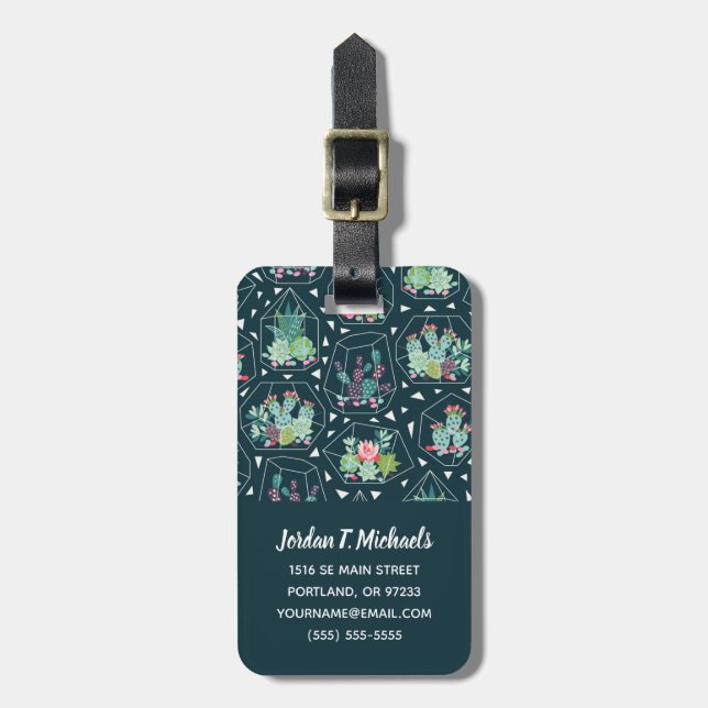 Monogram | Geometric Succulents Pattern Luggage Tag (Front Vertical)