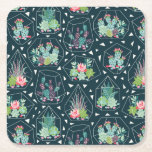 Monogram | Geometric Succulents Pattern Square Paper Coaster