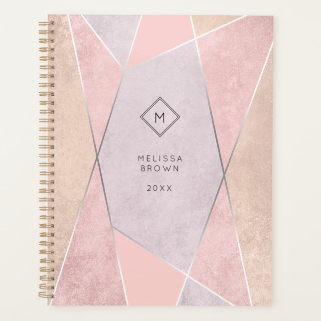 Monogram Geometric Trendy Rose Gold Pink Silver Planner (Front)