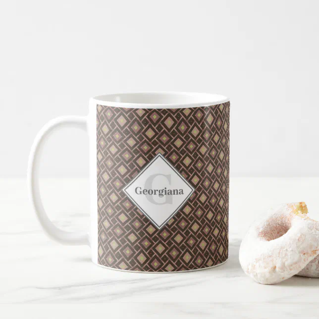 Monogram Geometric Warm Neutrals Diamond Checks Coffee Mug (With Donut)