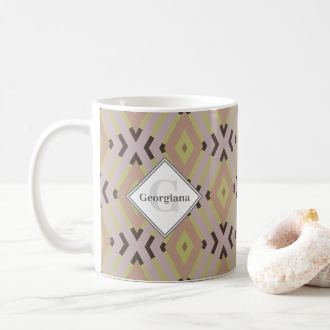 Monogram Geometric Warm Neutrals Diamond Zigzags Coffee Mug (With Donut)