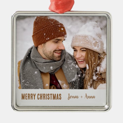 Monogram gift Merry Christmas Cute couple Brown Metal Ornament