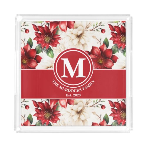 Monogram Gift Name Red Green Floral Pattern  Acrylic Tray