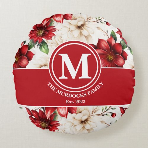 Monogram Gift Name Red Green Floral Pattern  Round Pillow