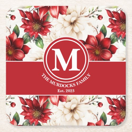 Monogram Gift Name Red Green Floral Pattern  Square Paper Coaster