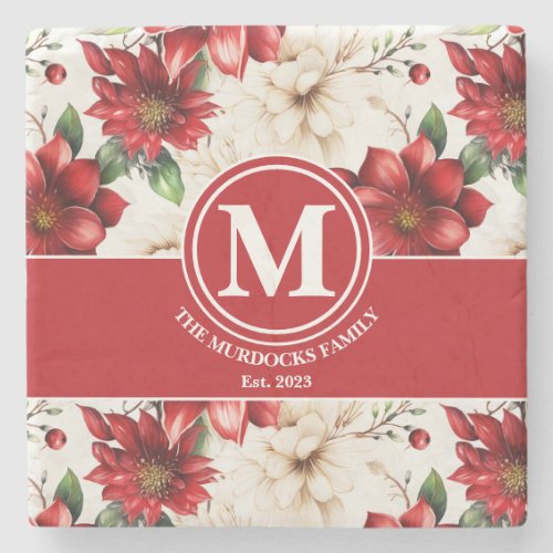 Monogram Gift Name Red Green Floral Pattern  Stone Coaster