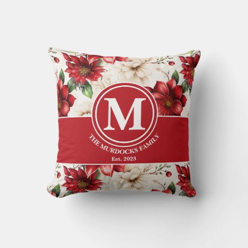 Monogram Gift Name Red Green Floral Pattern  Throw Pillow