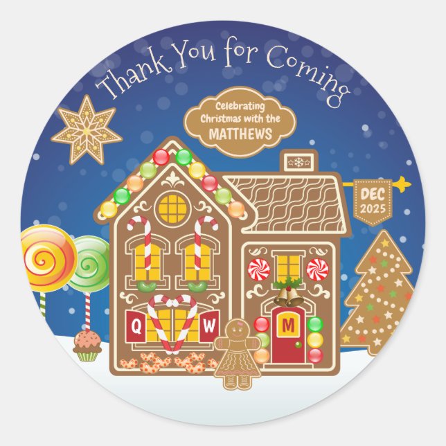 Monogram Gingerbread House Christmas Cookies Candy Classic Round Sticker (Front)