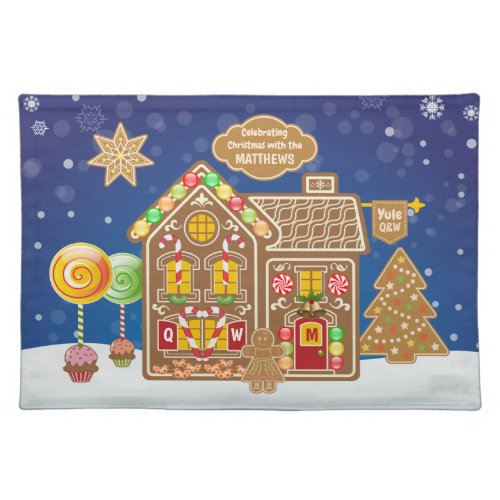 Monogram Gingerbread House Christmas Cookies Candy Cloth Placemat