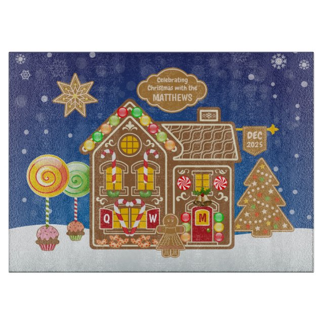 Monogram Gingerbread House Christmas Cookies Candy Cutting Board (Front)