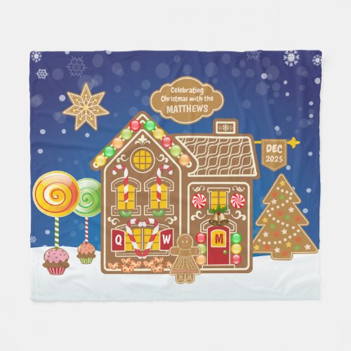 Monogram Gingerbread House Christmas Cookies Candy Fleece Blanket