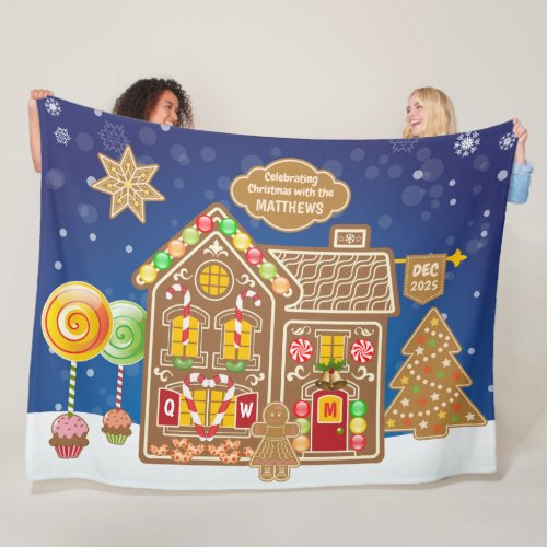 Monogram Gingerbread House Christmas Cookies Candy Fleece Blanket