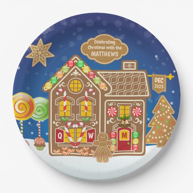 Monogram Gingerbread House Christmas Cookies Candy Paper Plates (Front)