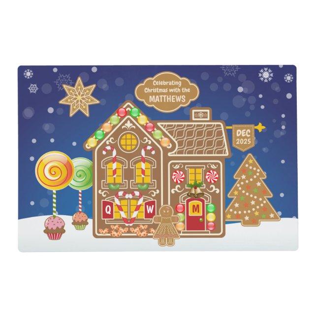 Monogram Gingerbread House Christmas Cookies Candy Placemat (Front)
