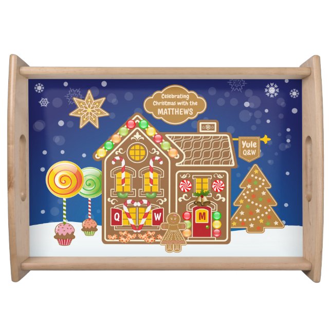 Monogram Gingerbread House Christmas Cookies Candy Serving Tray (Front)