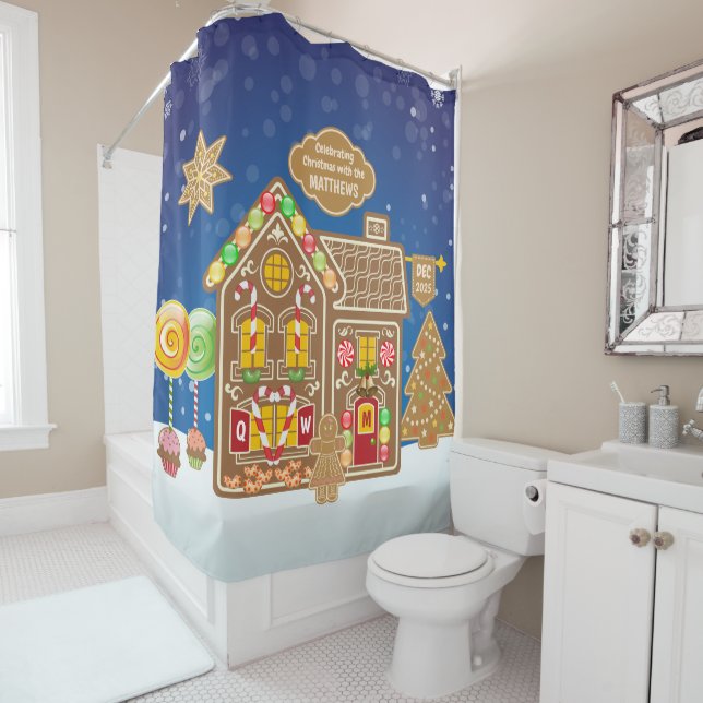 Monogram Gingerbread House Christmas Cookies Candy Shower Curtain (In Situ)
