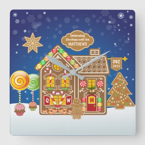 Monogram Gingerbread House Christmas Cookies Candy Square Wall Clock