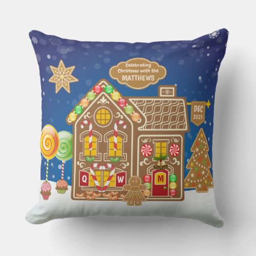 Monogram Gingerbread House Christmas Cookies Candy Throw Pillow