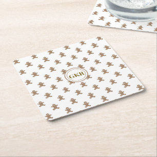 Monogram, Gingerbread Man Pattern Square Paper Coaster