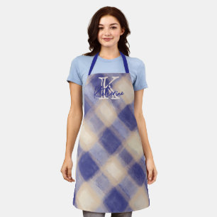 Monogram gingham plaid blue cream calligraphy navy apron