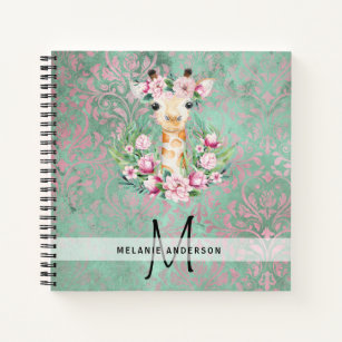 Monogram GIRAFFE Boho Flowers Pretty Girly Modern Notebook