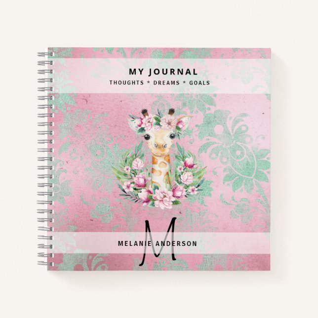 Monogram GIRAFFE Boho Flowers Pretty Girly Modern Notebook (Front)