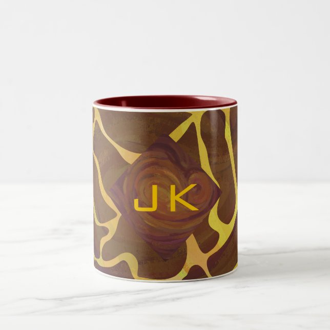 Monogram Giraffe Brown, Yellow Print Two-Tone Coffee Mug (Center)