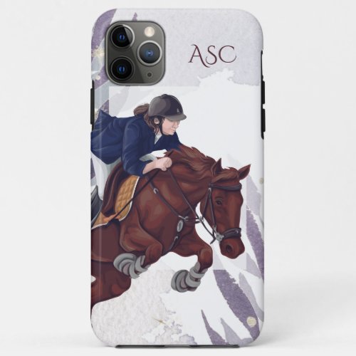 Monogram Girl and Horse Jumping on Violet Abstract iPhone 11 Pro Max Case