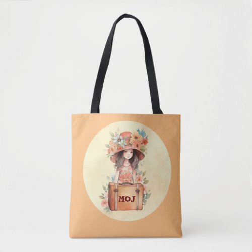 Monogram Girl Hat Flowers Tote Bag