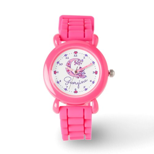 Monogram girls G doodle heart art name watch