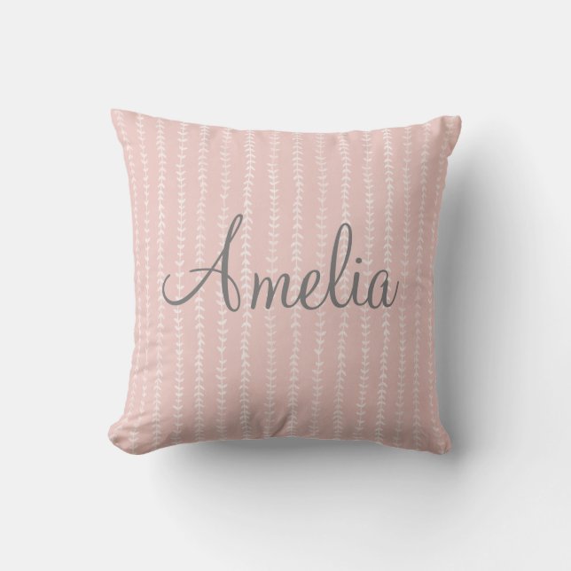 Monogram Girls Pastel Pink Stripe Vines Throw Pillow (Front)