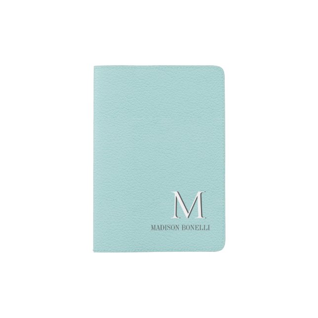 Monogram Girly  aqua blue Leather Feminine Passport Holder (Front)