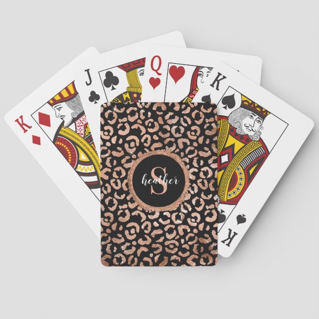 Monogram Girly Black Leopard Animal Print  Poker Cards (Back)