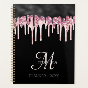 Monogram Girly Black & Pink Dripping Glitter Glam Planner