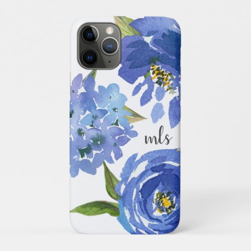 Monogram Girly Blue Floral Watercolor Peonies iPhone 11 Pro Case