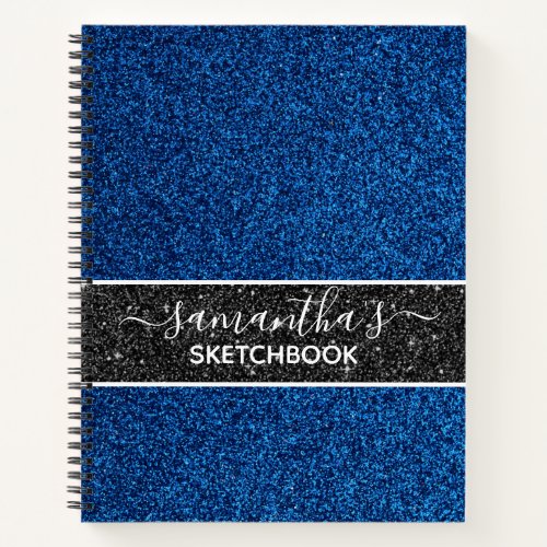 Monogram Girly Blue Glitter Artist Sketchbook Notebook