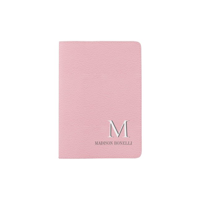 Monogram Girly  Blush PInk Leather Feminine Passport Holder (Front)