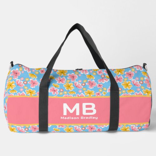 Monogram Girly Floral Pink Blue Personalized Name  Duffle Bag