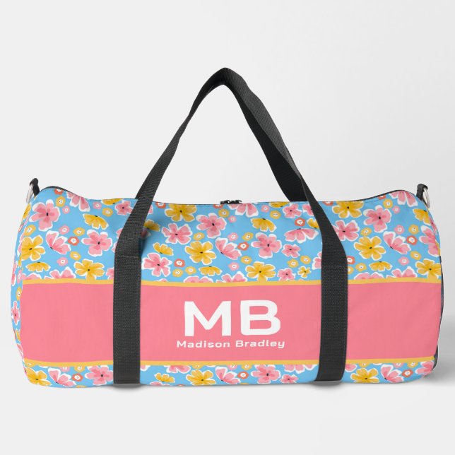 Monogram Girly Floral Pink Blue Personalized Name  Duffle Bag (Front)
