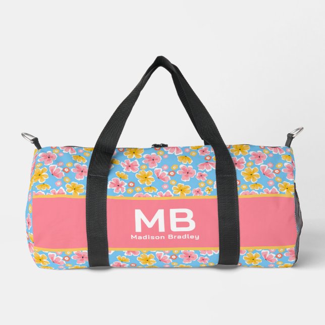 Monogram Girly Floral Pink Blue Personalized Name  Duffle Bag (Front)