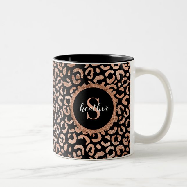 Monogram Girly Leopard Animal Print Two-Tone Coffe Coffee Mug (Right)