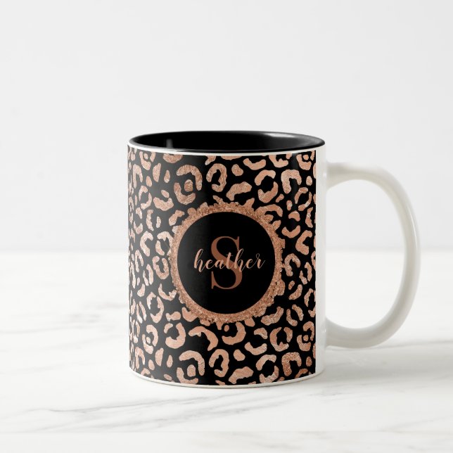 Monogram Girly Leopard Animal Print Two-Tone Coffee Mug (Right)